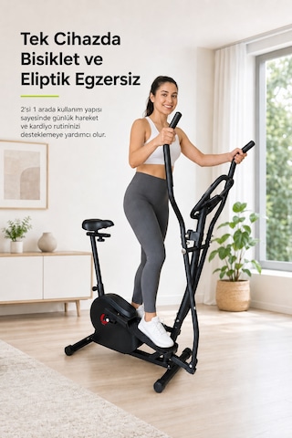 Flex 2'si 1 Arada Eliptik Kondisyon Bisikleti Nabız Ölçerli 8 Kademeli Dirençli Egzersiz Aleti Siyah
