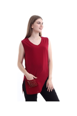 Self Clothing Kadın Bordo V Yaka Cep Ve Yırtmaç Detaylı Bluz Slf1246-Bordo