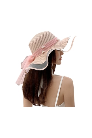 Şık Ve Zarif Bayanlar İçin İnci Detaylı Hasır Örgü Yazlık Güneş Şapkası Pembe