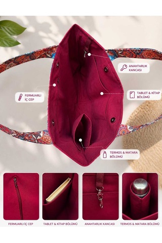 Aksesuarsepeti El Yapımı, Kadın Omuz Çantası, İçi Organizerli Matara,kitap,tablet Bölmeli,fermuarlı İç Cepli Bordo
