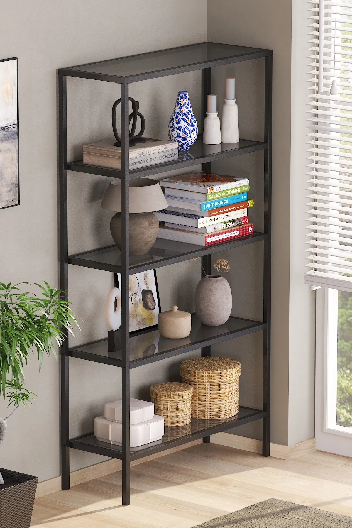 Modern 5 Katlı Metal İskeletli Cam Raflı Aksesuar Rafı Kitaplık Siyah-füme
