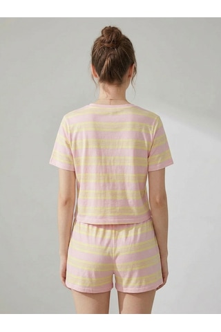 Pembe Sarı Çizgili T-shirt Şort Örme Pijama Takımı Pembe