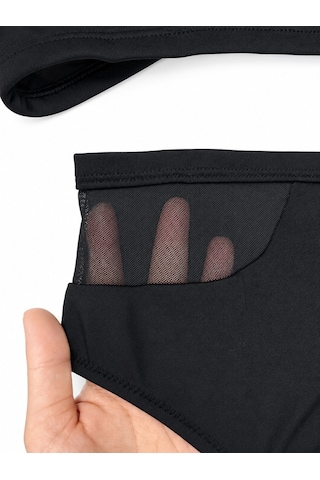 Büyük Beden V Yaka Tül Detaylı Ayarlanabilir Askılı Kadın Bikini Takım Siyah