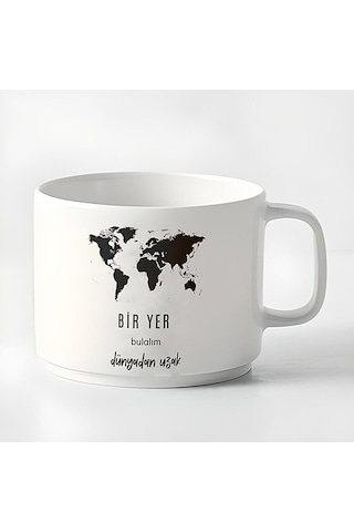 Duble Türk Kahvesi Fincanı & Espresso Bir Yer Bulalım Dünya'dan Uzak 180 Ml Beyaz