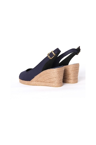 Star Tombis Gerçek Elişi Burnu Açık Arkası Bantlı Dolgu Topuk Lacivert Keten Hasır Espadril Handmade Lacivert