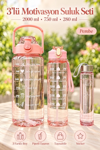 Madamev 3lü Motivasyonel Suluk Matara Seti 2000+750+280ml Pipetli Sticker Askılı Spor Okul Su Şişesi Pembe