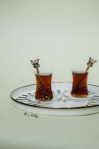 Papillon Emaye Çay Tepsisi Dekoratif Vintage Servis Tepsisi Siyah - Beyaz
