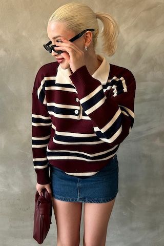 Madmext Bordo Çizgili Düğmeli Polo Yaka Kadın Triko Kazak Mg2280 Bordo