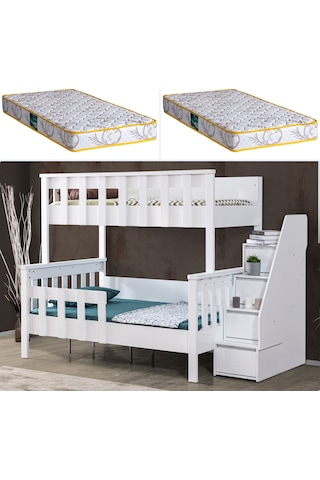 Mdf Profil Ranza, Deluxe Ayrılabilir Ranza - Beyaz + 2 Adet Comfort Yatak 90 X 190 CM