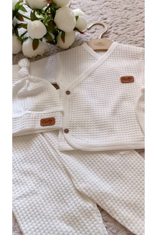 Yeni Doğan Bebek 5 Parça Beyaz Waffle Penye Hastane Çıkışı Ekru