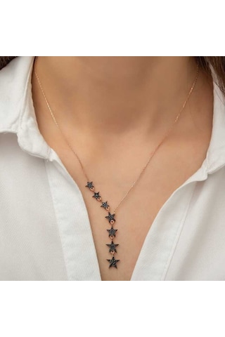 Gümüş Siyah Kayan Yıldızlar Kadın Kolye Rose