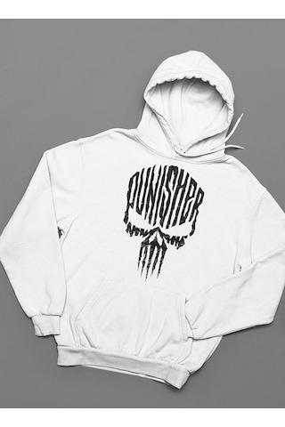 Sevbano Özel Tasarım Punisher Baskılı Unisex Oversize Marvel Hoodie Beyaz