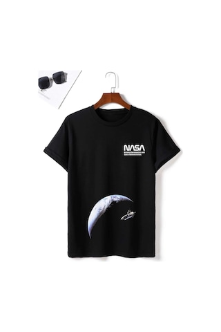Erkek Siyah Oversize Nasa Uzay Baskılı T-shirt Siyah-68388