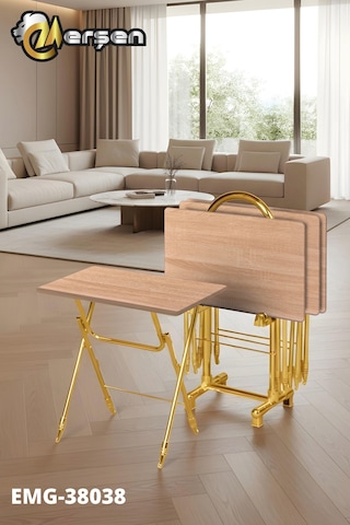 Eranş Serisi 4'lü Katlanır Mdf Mebran Ahşap Çanta Zigon Sehpa Gold Ayak Açık Atlantik Çam Desen Gold Ayak