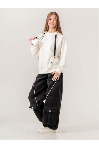 Zekids Kız Çocuk Mevsimlik Paçası Cepli Gabardin Pantolon-14767 Siyah