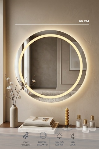 60 Cm Kumlamalı Led Ayna, Banyo, Antre, Salon, Dekoratif Gün Işığı Duvar Aynası