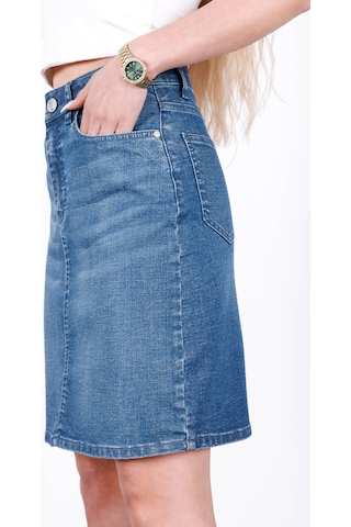 HLT Jeans Nordic Blue Kadın Regular Fit Likralı Yüksek Bel Orta Boy Denim Kot Etek Alice-4013 Mavi