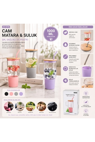 1000 Ml Cam Matara Kupa Bardak - Bambu Kapaklı - Silikon Kılıflı