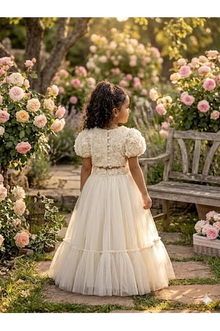 Star Kids Fashion Kız Çoçuk Ekru Gül Detaylı Crop Elbise,kız Çoçuk Mezuniyet Elbisesi