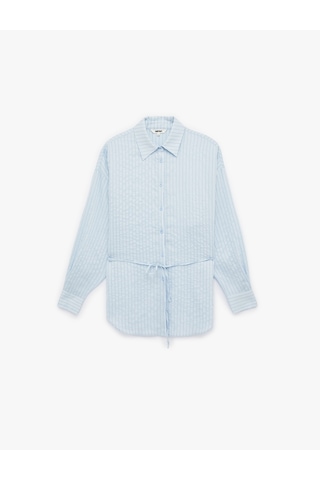 Koton Modal Kumaş Uzun Kollu Bağlama Detaylı Oversize Tunik Gömlek Mavi Çizgili 6sak60180pw Mavi Çizgili