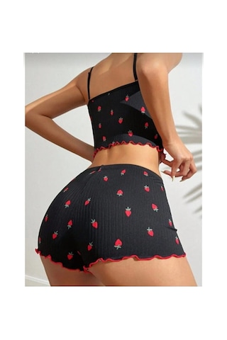 Selveta Kadın Siyah Penye İp Askılı Şortlu İnce Gecelik Pijama Takımı Çok Renkli