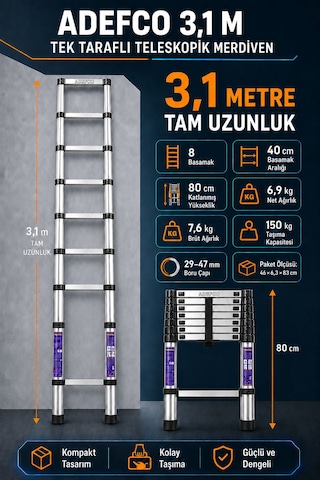 8 Basamak Paslanmaz Çelik Teleskopik Merdiven 3.1 Metre Katlanabilir Uzayan Merdiven -