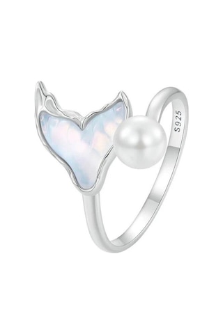 Bamoer Beyaz Altın Kaplama Balık Kuyruğu İnci Yüzük, 925 Ayar Gümüş Sevimli Ayarlanabilir Yüzükler Kadın Kızlar İçin