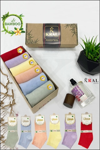 Kral Socks Kadın Bambu Çorap 6 Çift Renkli Hediye Kutulu Patik Kadın Çorap Asorti̇
