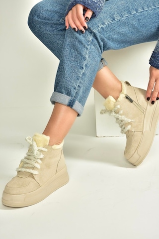 Fox Shoes V367343402 Bej Süet İçi Tüylü Kalın Tabanlı Kadın Bot Bej