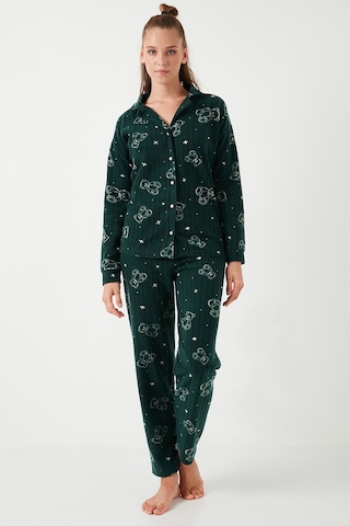 Lela Standart Fit Düğmeli Polarlı Bayan Pijama Takımı 6095616 Yeşil