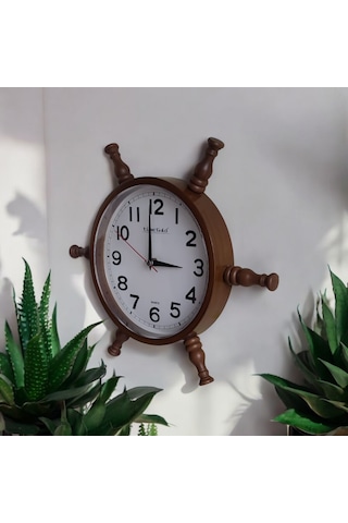 Nostaljik Eskitme Ahşap Gemici Dümen Duvar Saati Çap 35 Cm Eskitme