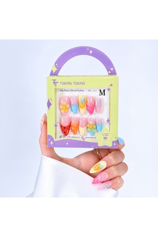 Takma Tırnak Renkli Nail Art Uzun Badem - 10'lu Tekrar Kullanılabilir El Yapımı Protez Takma Tırnak Eubd3043 M