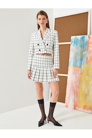 Koton Crop Blazer Ceket Kruvaze Kapama Düğmeli Ekru Ekose 4sak50058uw Ekru