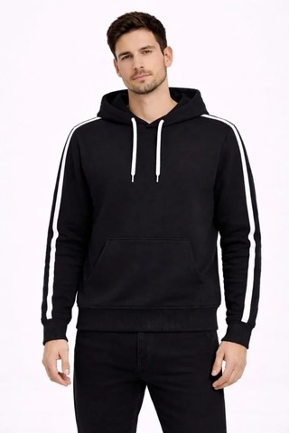 Vexor Erkek Şeritli Kapüşonlu Sweatshirt Oversize 3 Iplik Pamuklu - Siyah
