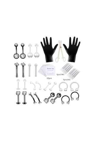 Mufunye 47 Parçalı Piercing Seti, Alerji Yapmayan, Paslanmaz, Solmayan, Siyah Ve Beyaz Elmaslar
