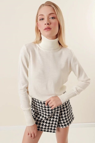 Onno Style Women Düz Balıkcı Yaka Basic Kazak Kemik