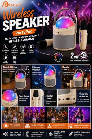 Partypod Bluetooth 5.3 Destekli Çok Fonksiyonlu Kablosuz Mikrofon Ve Hoparlör