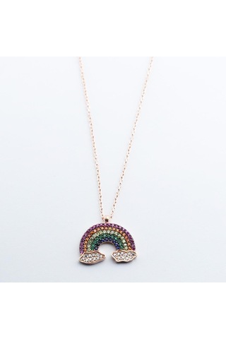Renkli Zirkon Taşlı Gökkuşağı Rose Gold Kaplama Gümüş Kolye Gümüş