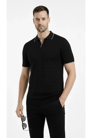 Hazego Erkek Triko Kumaş Yakalı Düğmesiz Açık Yaka Fitilli Kısa Kollu Regular Fit Tişört T-shirt - Siyah
