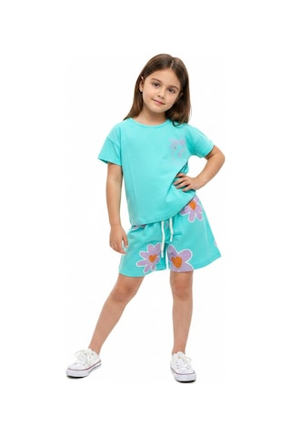 Toontoy Kids Toontoy Kız Çocuk 2'li Şortlu Takım Bisiklet Yaka Kısa Kollu Baskılı Tişört - Beli Lastikli Bağlamalı Baskılı Şort 25035 Mint Yeşili