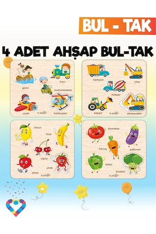 Eğitici 4 Adet Bul-tak Oyuncak Taşıtlar, Meyveler, Sebzeler Ve İş Makineleri