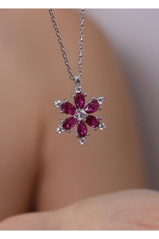 Zanaatsilver 925 Ayar Gümüş Zincirli Rubi Taşlı Kamelya Çiçegi Kolye