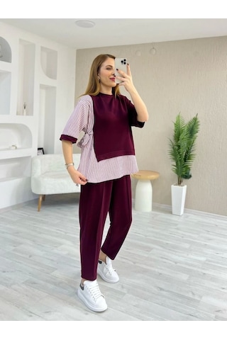 Defymoda Kadın Kristal 2 Iplik Kumaş Yanları Çizgili Takım Bordo