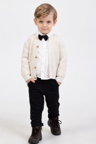 Erkek Bebek Triko Hırkalı Papyon Detaylı Takım Ekru