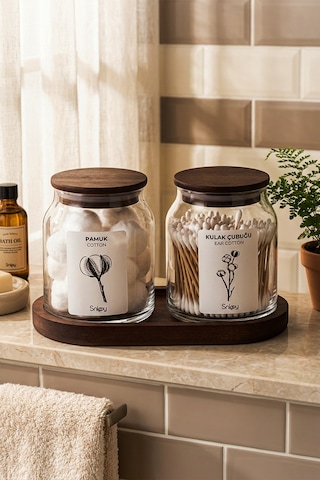 Velar - Bambu Standlı Vakum Bambu Kapaklı Etiketli Banyo Düzenleyici Cam Banyo Seti Banyo Organizeri Kahverengi