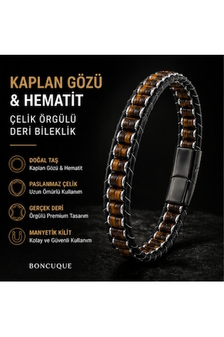 Premium Kaplan Gözü & Hematit Erkek Bileklik Çelik Kilitli Şık Deri Örgü Tasarım - El Yapımı Kahverengi