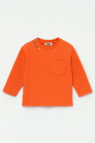 Luess Unisex Çocuk Happiness Nakışlı Cepli Fitilli Kaşkorse Tişört Turuncu