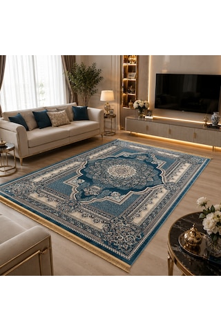 810-semerkant Salon Oturma Odası Halısı Mavi