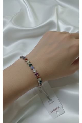 Renkli Taşlı Silver Renk Çelik Çiçekli Atarlanabilir Bileklik - Özel Seri Silver