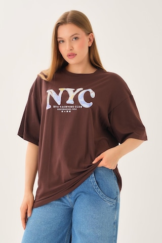 Alexandergardi Geniş Kalıp Bisiklet Yaka Baskılı Kısa Kollu T-shirt Kahverengi